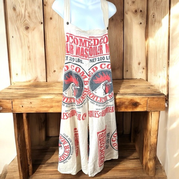 Vintage Sack NWT One SZ Red chickens w Black flour sacks wide leg Overalls - Picture 3 of 13